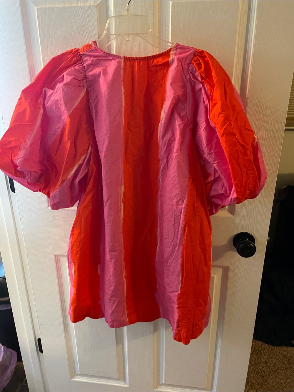 Colorblock Puff-Sleeve Mini Dress in Pink and Red